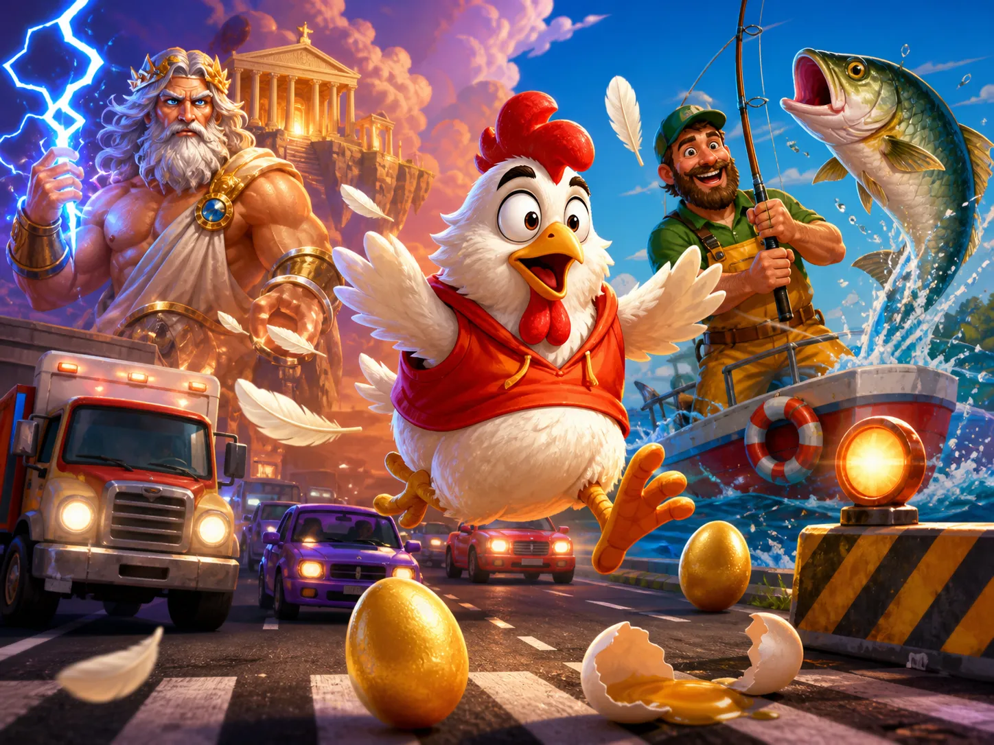 A whimsical and vibrant depiction of the Chicken Road slot game featuring a comical chicken character, traffic lanes, feather