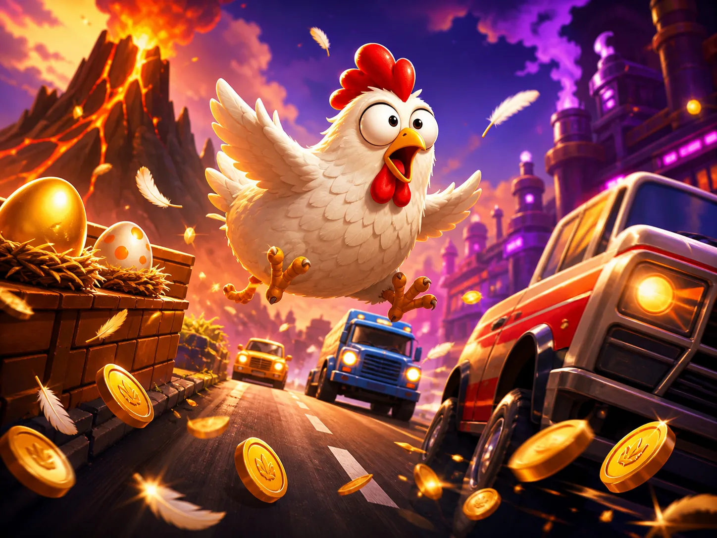 A playful chicken character running across a road with feathers and eggs, capturing the fun and energetic theme of the Chicke