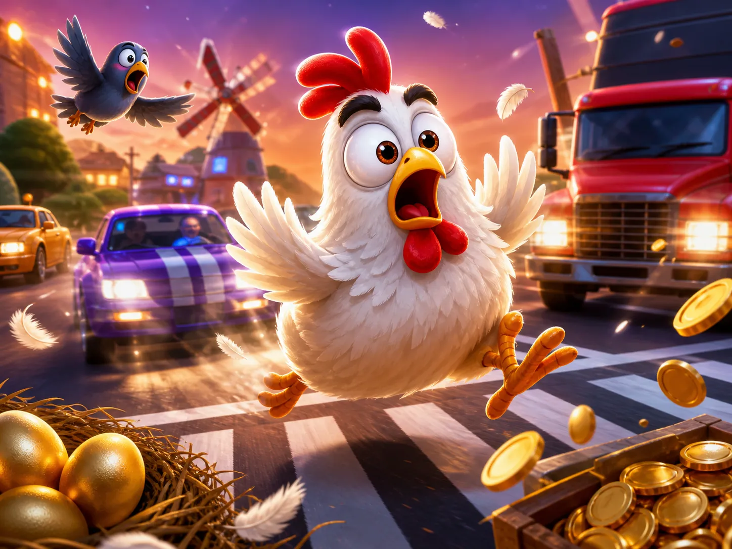 Artwork featuring a funny chicken character on a road filled with playful danger and traffic symbols from Chicken Road game.